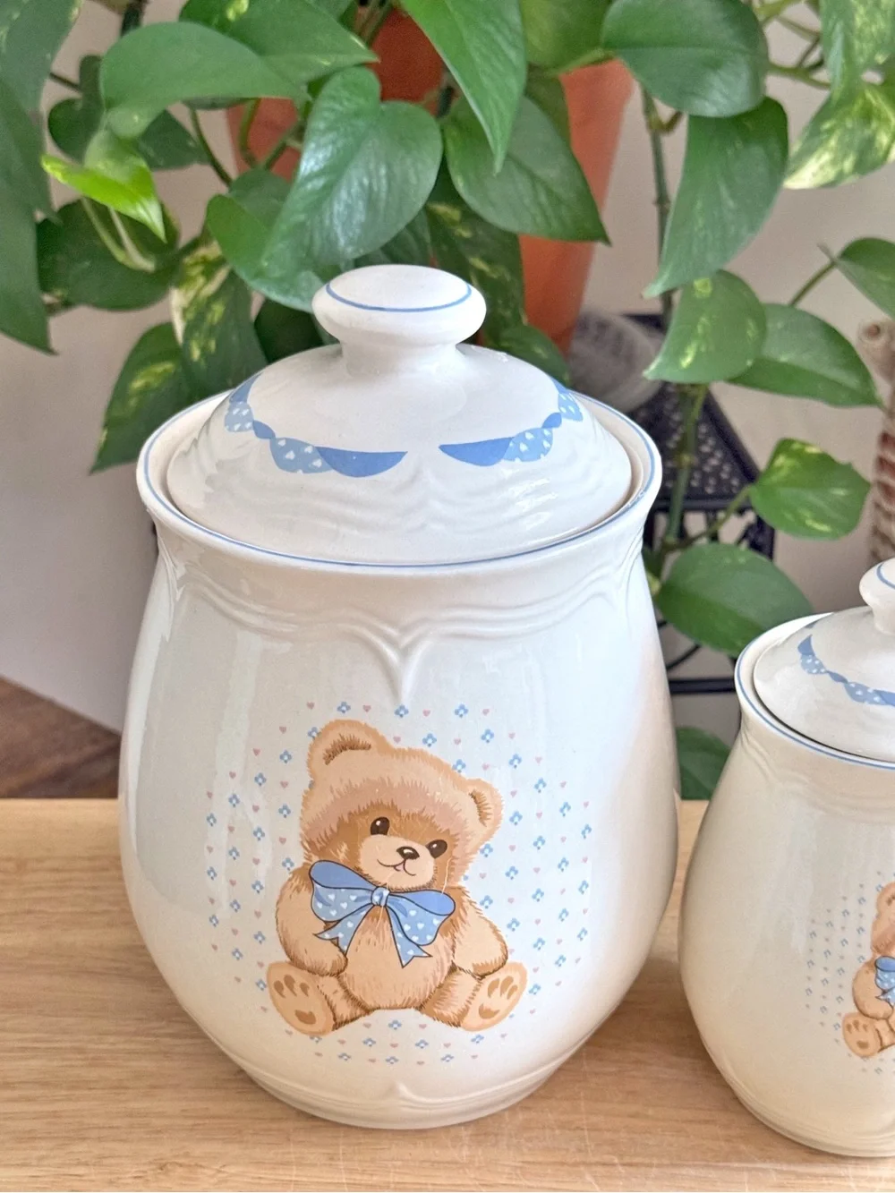 Tienshan Stoneware Vintage Country Bear Canister Set Small and Large Set of 2